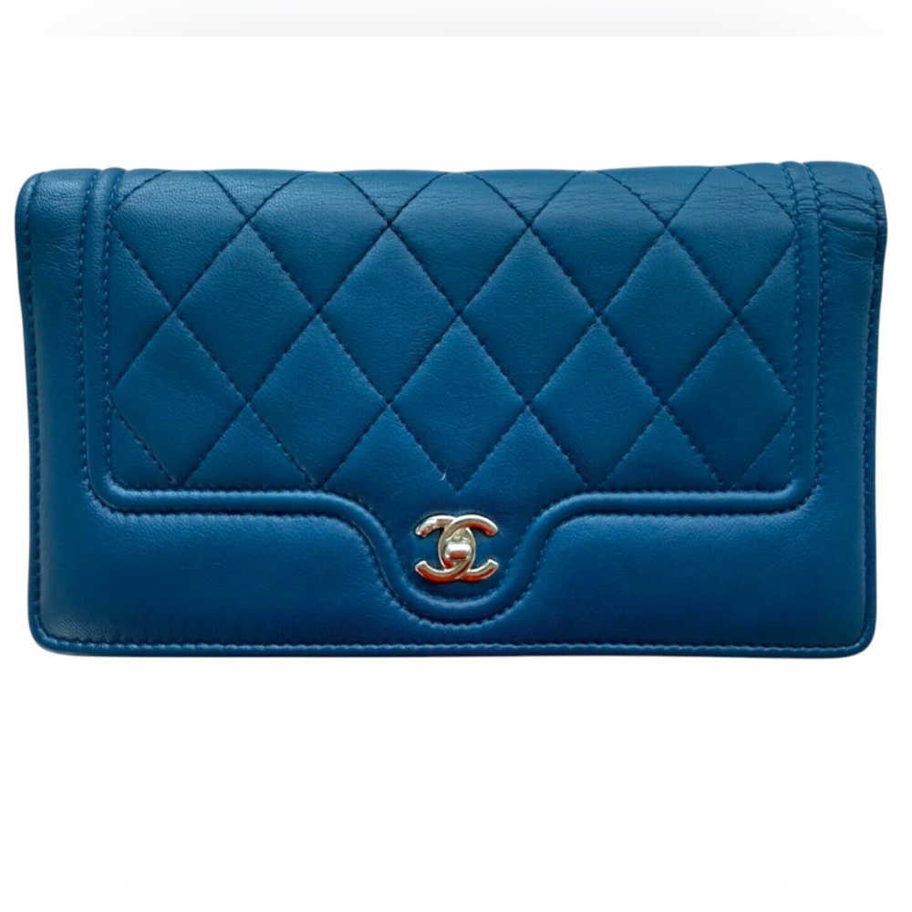 Authentic Chanel Blue Quilted Wallet Pink Interior Leather Long Flap Wallet